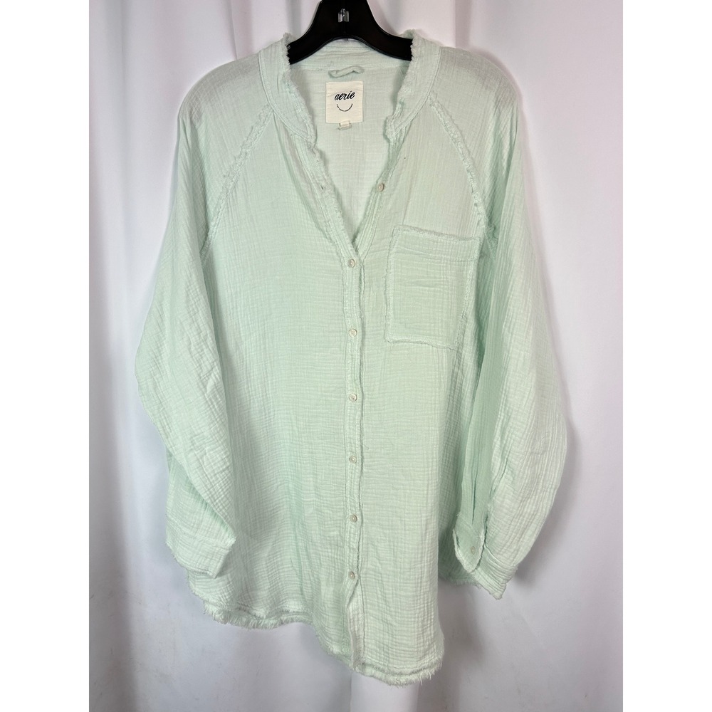 Aerie Mint Green 100% Cotton Gauze Button Down Frayed Hem Oversized Shirt Boho S